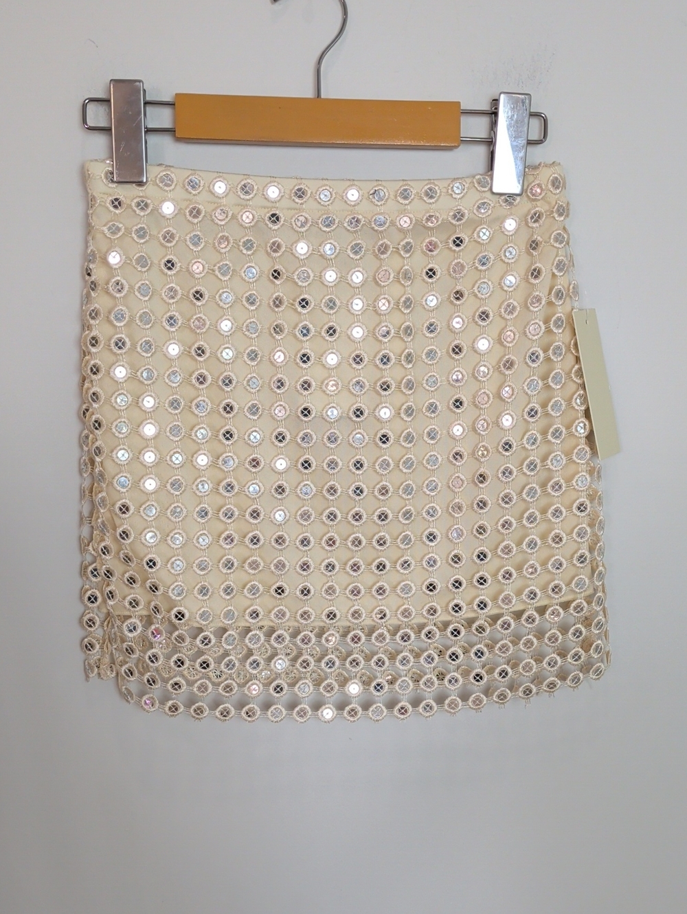 THIRTY/THIRTY | Women's Champagne Open Lace Overlay w/ Sequins Mini Skirt
